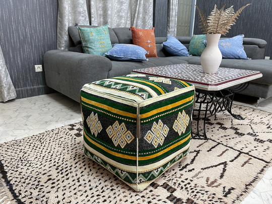 Kechart - Square Unique Green Moroccan Pouf, Floor Ottoman, Cover, Home Decor, Genuine Leather, Tissue, Chairs & Ottomans, Seat Cushion
