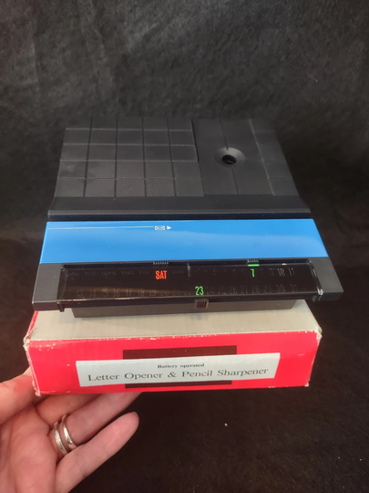 Nos Battery Operated Letter Opener, Pencil Sharpener, Perpetual Calendar in Original Box - Vintage Office Desktop Supply School