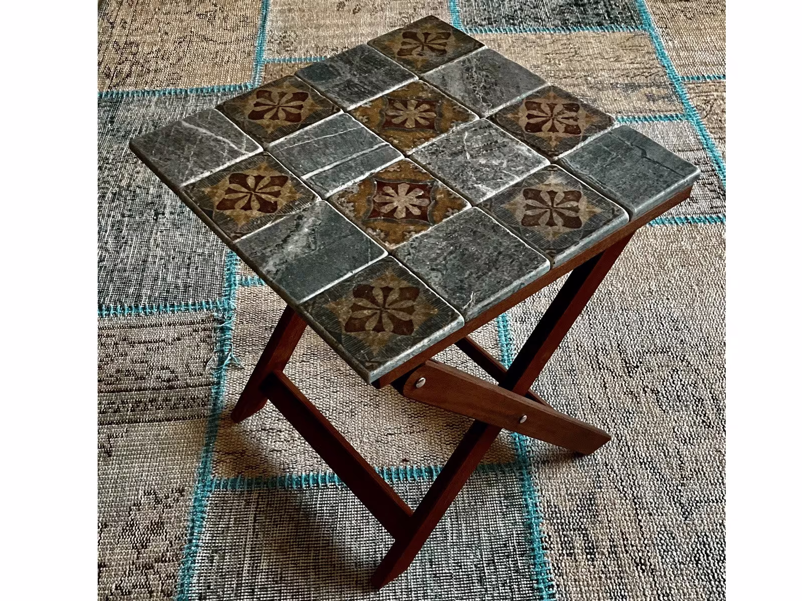 Vintage Side Table, Rustic Tile Travertine Table, Marble Side Table, Wood, For Bedroom, Side
