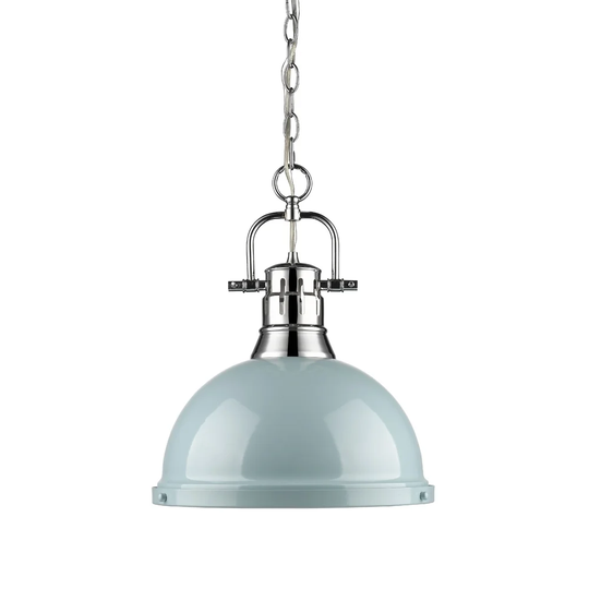 Golden Lighting Duncan Chrome Single Light Pendant with Chain and Seafoam Shade