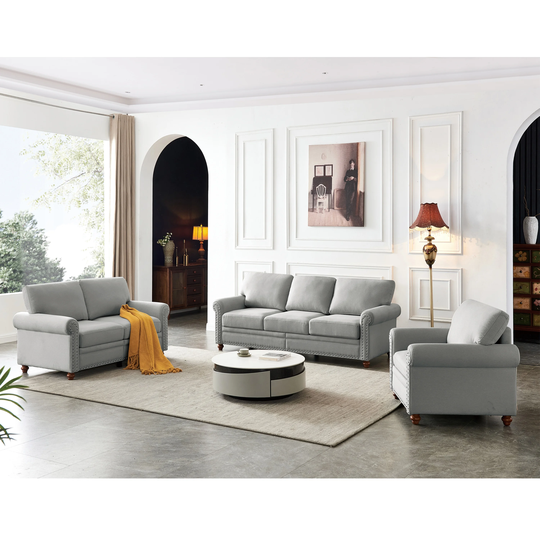Linen Fabric Upholstery with Storage Sofa, Sectional including 1 seat couch, loveseats and 3 seats sofa, With solid wood legs