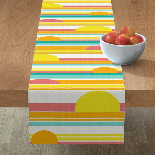 Retro Sunrise Table Runner - Sunshine By Bitter&jaded Horizontal Stripes Teal Blue Bright Yellow Cotton Sateen Spoonflower