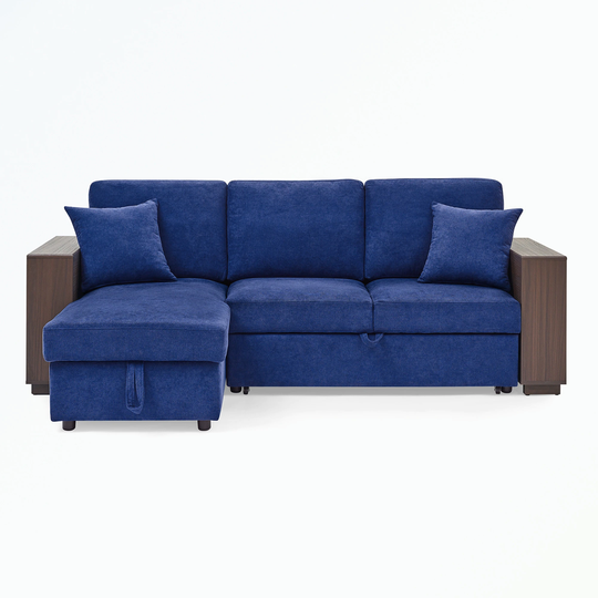 Sofa with Pulled Out Bed, 2 Seats Sofa and Reversible Chaise with Storage, MDF Shelf Armrest, Two Pillows