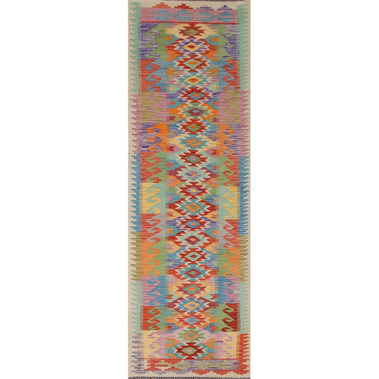 Geometric Multi-Color Kilim Runner Rug Flatweave Wool Carpet - 2'7" x 9'8"