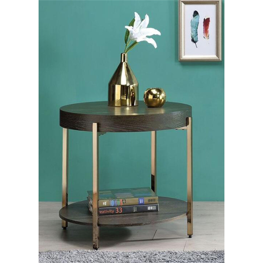 End Table, 2-Tier Coffee Table Sofa Table Dark Oak & Champagne Finish