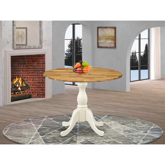 DST-NLW-TP - Dining Room Table with Drop Leaves - Natural Table Top and Linen White Pedestal Leg Finish - Multi