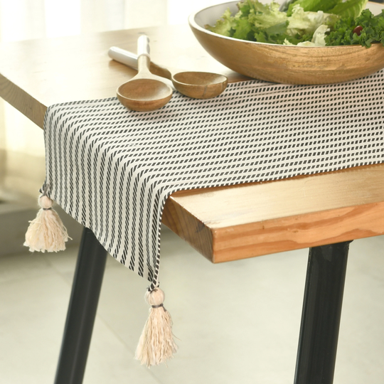 Folkulture Table Runner With Tassels For Home Dining Room Table, Farmhouse Style Décor, Cotton Boho Runners, 14x72, Charcoal Stripe