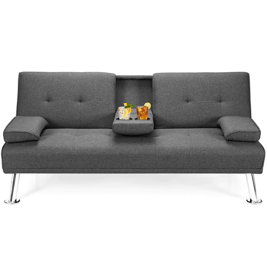 Gymax Fabric Folding Convertible Futon Sofa Bed with 2 Cup Holders - See Details