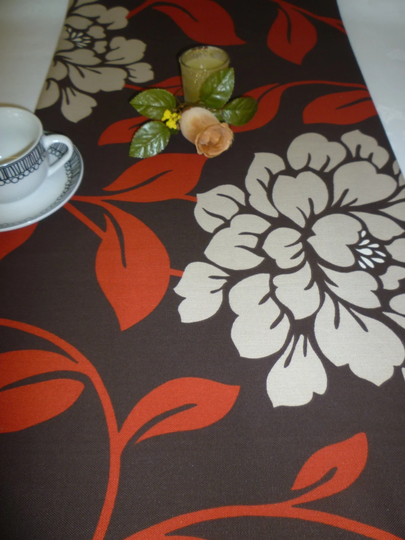 Tan Red Table Runner Chocolate Brown Modern Funky Floral Cotton | 54" 137cm