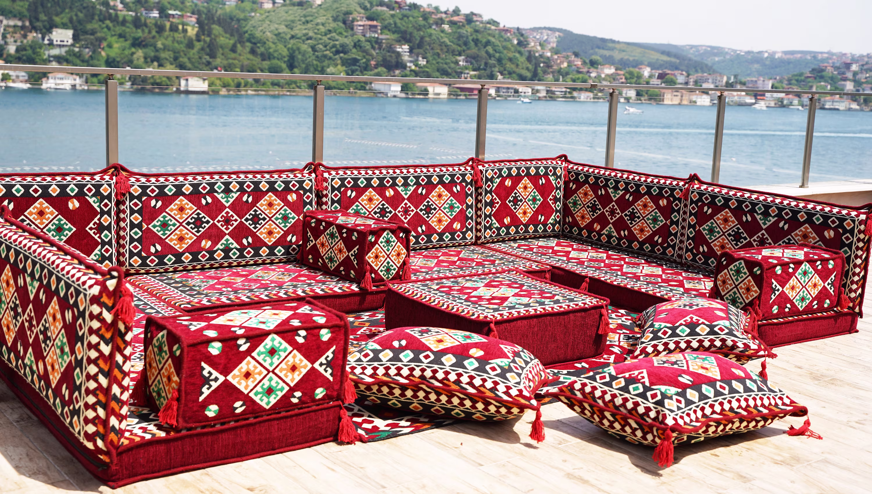 Maroon Color U Shaped Arabic Seating, Majlis, Turkish Floor Sofa Set, Traditional Couches, Indoor Sofas, Cushions