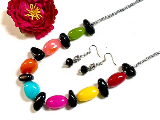 Colorful Statement Necklace Set, Multi Colored Gemstone Chunky Necklace, Rainbow Candy Jade Set