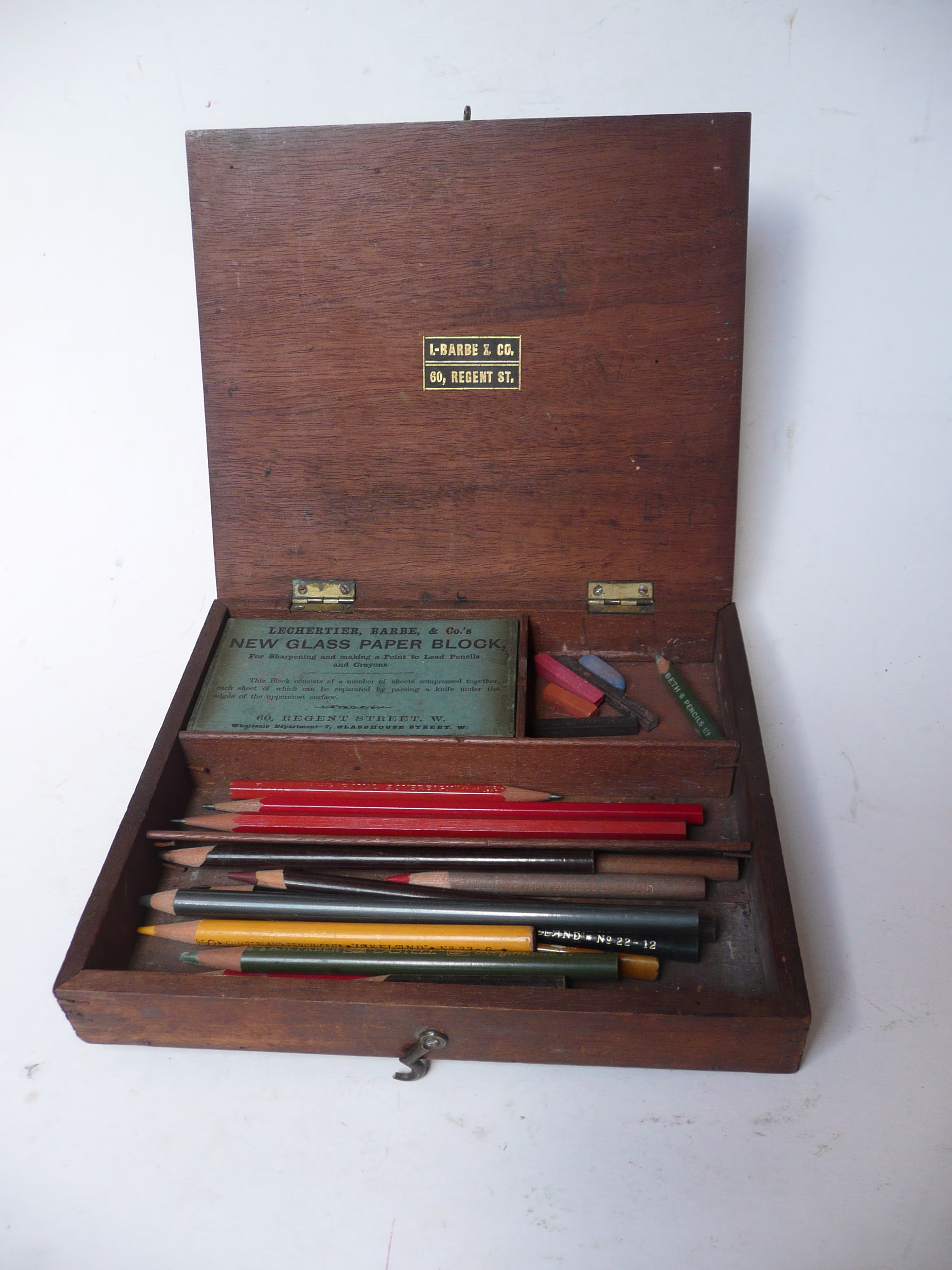 Antique Artists Drawing Box With Pencils & Glass Paper Block By Lechertier Barbe