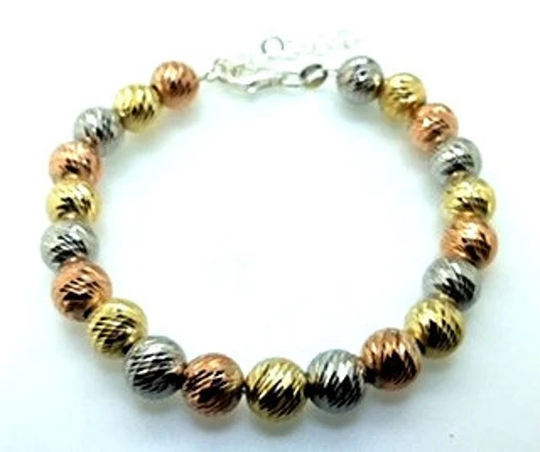 Italian Designer Silver Large Tri Color 8mm Ball Bracelet Adjustable 7"-9" 925 Yellow & Rose Gold Plated Affordable Mother's Day