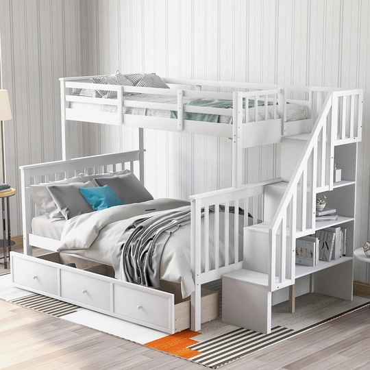 Stairway Twin-Over-Full Bunk Bed with Drawer, Storage and Guard Rail for Bedroom