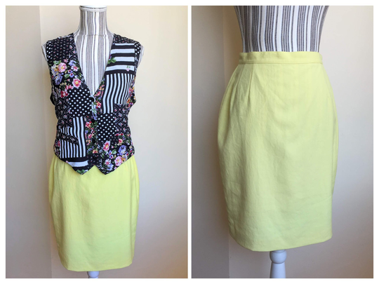 Vintage Yellow Pencil Skirt, Straight Knee Length Secretary High Waist Fitted Wiggle Skirt With Back Slit, Office Wear For Women