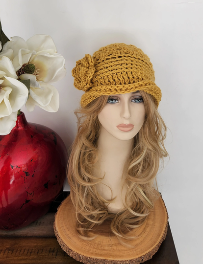 Crochet Women's Hat, Mustard Color Bucket Cloche Winter Beanie, Accessories, Hat