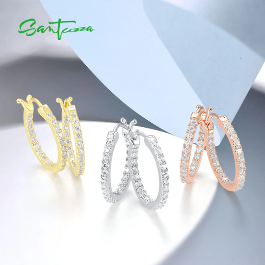 Santuzza Handmade Must-Have Multi-Color 925 Sterling Silver Yellow/Rose/White Plating Hoop Huggie Earrings With White Cubic Zirconia S317540