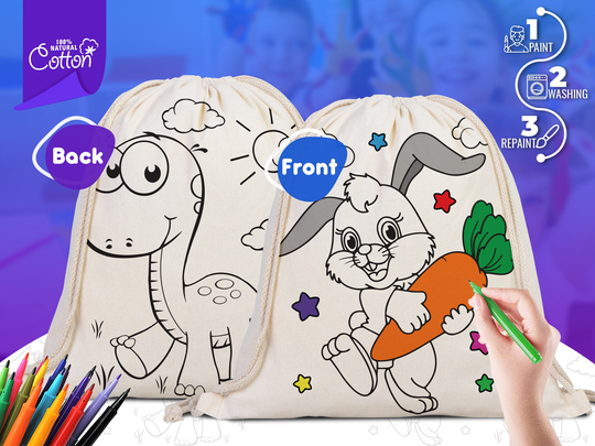 Dinosaur & Rabbit Backpacks, Kids Art Set, Coloring Bag, Cotton Drawstring Bags For & Schools, Art, Bulk Order Available