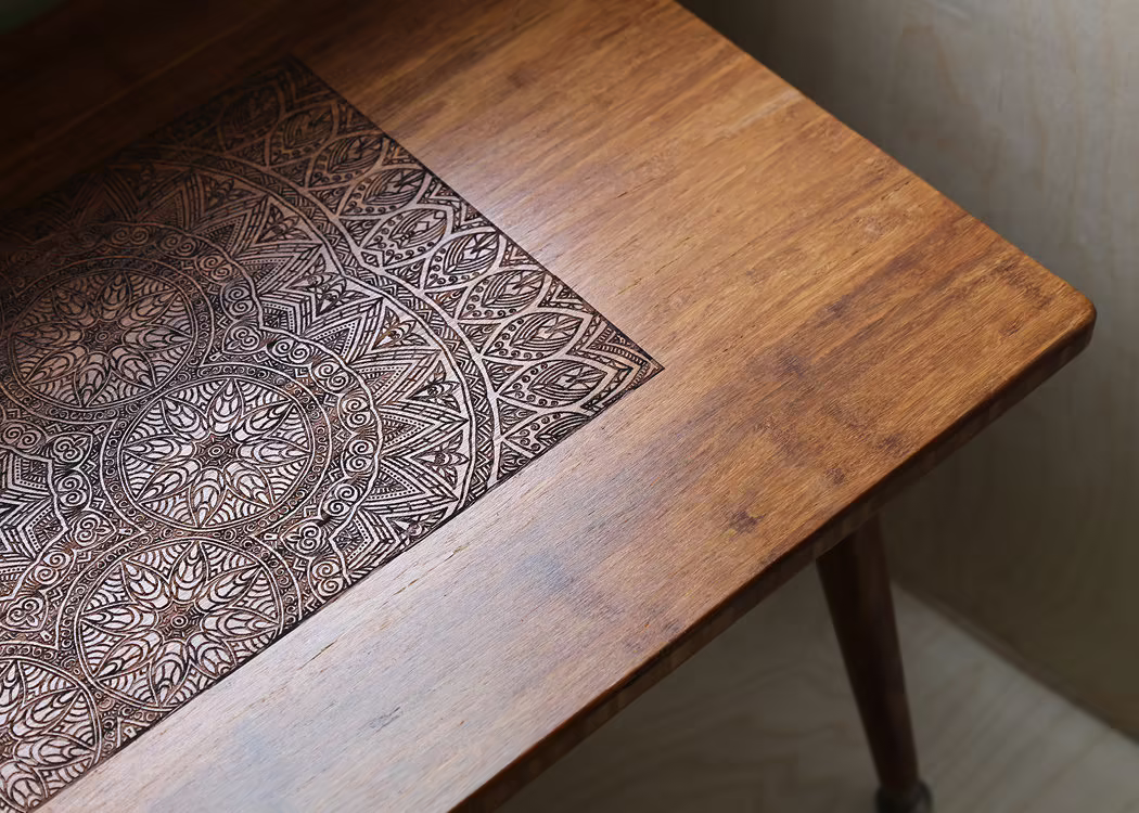 Engraved Walnut Teak Coffee Table - Modern Wood Furniture Illustration Boho Mid Century Eames Style