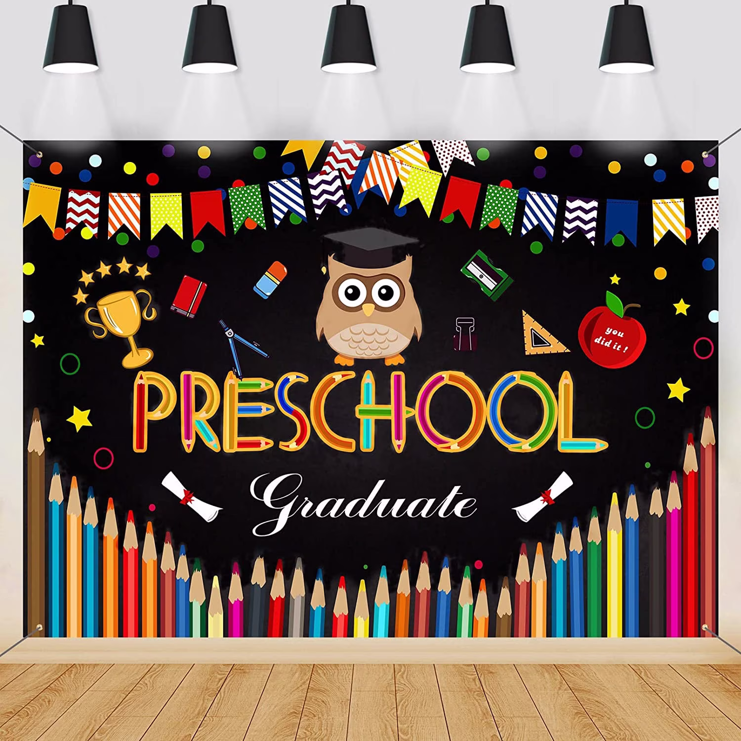 Kindergarten Graduation Backdrop Banner Flags Ribbon Pencil Backdrops Preschool Graduate For Kids Child Back To School Party