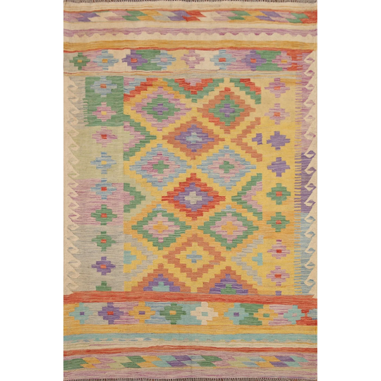 Geometric Kilim Reversible Area Rug Flat-weave Multi-Color Wool Carpet - 4'10" x 6'7"