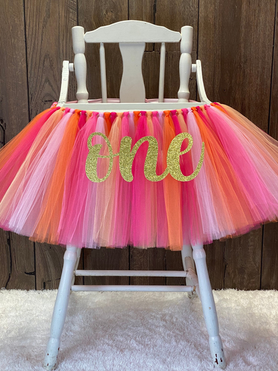 High Chair Tutu, Girls First Birthday Banner, Pink & Peach 1st Birthday, Orange Fuchsia Tulle Tutu Skirt For Smash Cake