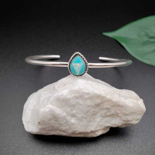 Socute925 Dainty Turquoise White Opal Inlay Bracelet Cuff | Small Teardrop Simple Wire Band Southwest