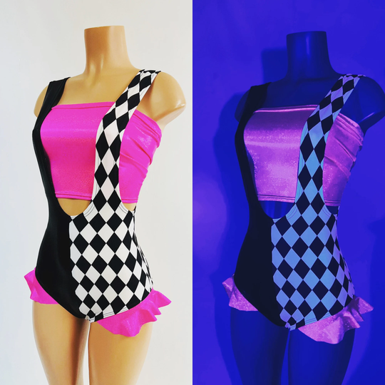 Uv Glow Split Romper, Black Mystique Right Side, & White Diamonds Left With Neon Pink Hip Ruffles Tube Top157840