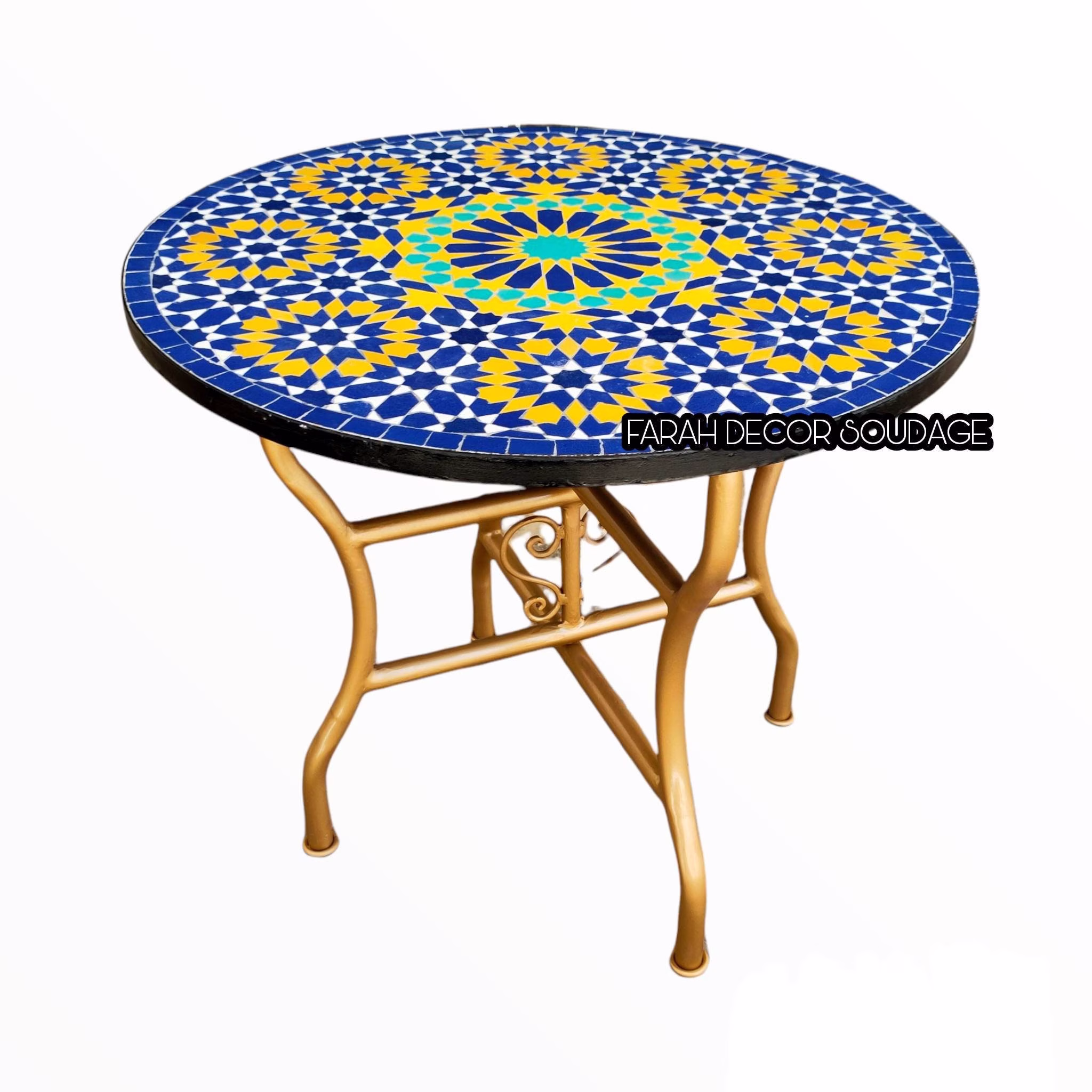 Mosaic Table With Gold Iron Legs, Art, Mid Century Table, Handmade Coffee For Outdoor & Indoor