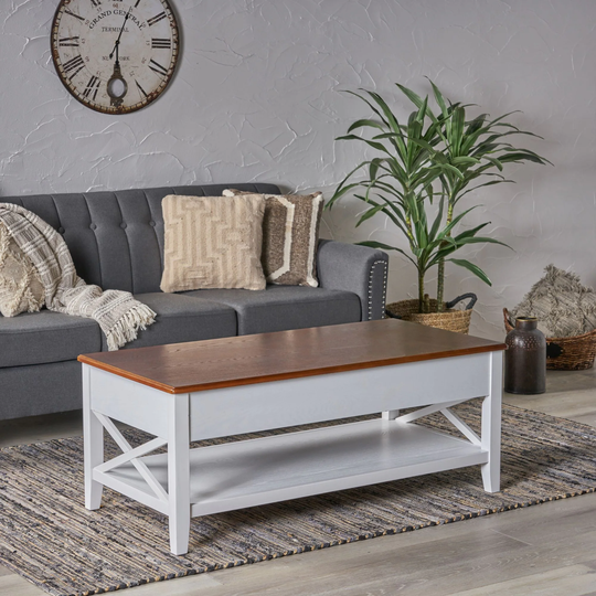 48" Brown and White Contemporary Rectangular Coffee Table with Adjustable Top