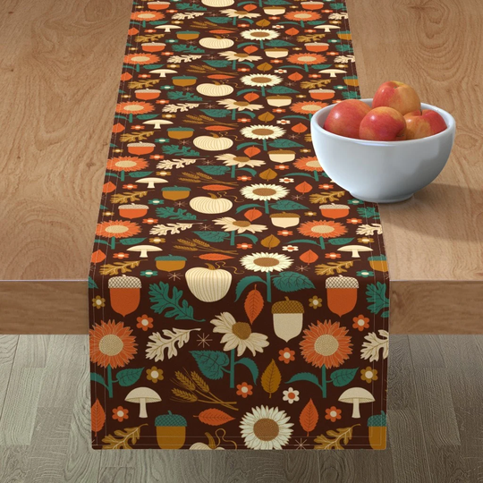 70S Autumn Vibes Table Runner - Mod October By Ruby Ritz Leaves Fall Sunflowers Boho Cotton Sateen Spoonflower