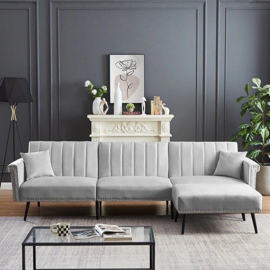 L-shape Sectional Sofa with Ottoman, Sofa Couch Folding Futon Sofa Bed with Multiple Adjustable Positions and Nailhead Trim