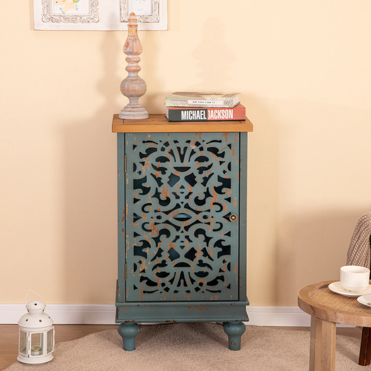 PHI VILLA Retro Distressed Hollow-Carved Side Table