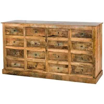76" Distressed Wood 16 Drawer Chest Of Drawers Sideboard