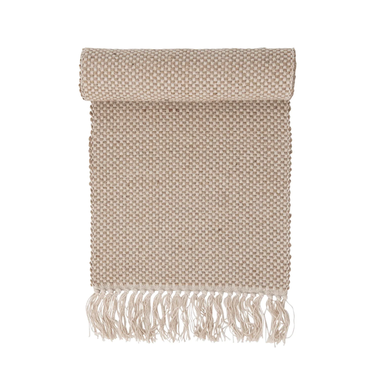 Woven Jute and Cotton Table Runner with Fringe - 72.0"L x 14.0"W x 0.3"H