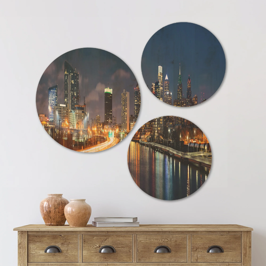 Designart 'Philadelphia Skyline at Night' Cityscape Wood Wall Art Set of 3 Circles - Multi-Color
