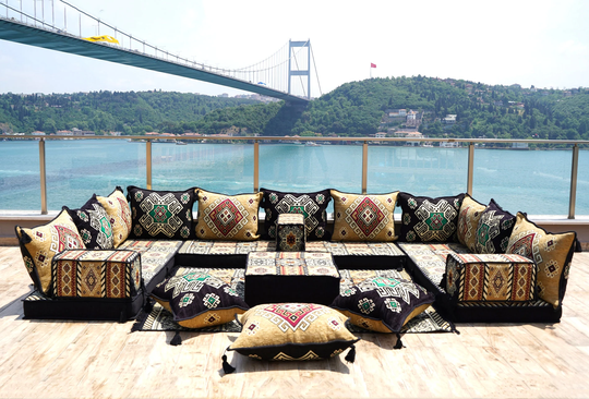 U Shaped Arabic Floor Sofa Set, Black Cushions, Balcony Patio Sofas, Pallet Sofa, Ethnic Moroccan Sectional Sofas, Pouffs