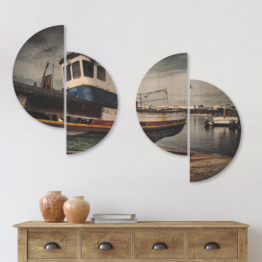 Designart 'Old Fishing Boat' Boat Wood Wall Art Set of 4 Half Circles - Multi-Color