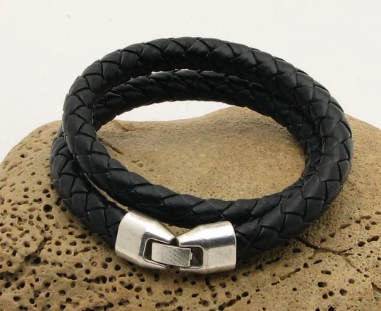 Fathers Day Gift Men's Leather Bracelet . Black Round Braided Wrap With Silver Plated Clasp