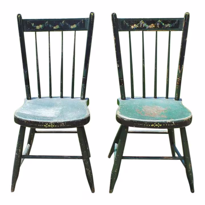 American Primitive Floral Painted Plank Bottom Side Chairs, Assembled Pair