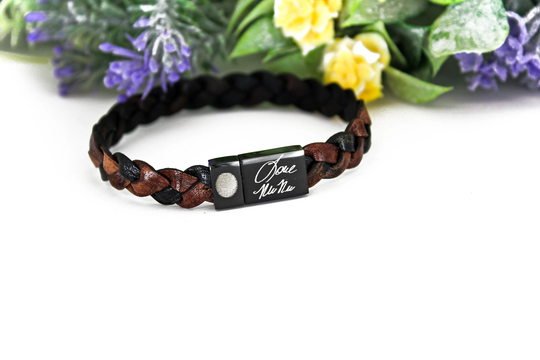 Personalized Leather Bracelet, Handwriting Jewelry, Memorial, Groomsmen Gift, Fingerprint Cuff, Braided Leather, Custom Wedding