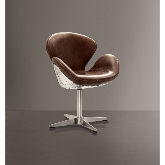 Top Grain Leather Accent Chair with Swivel, Brown & Silver
