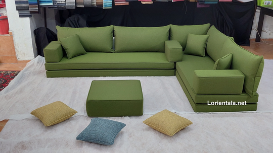 L Shaped 8'' Thick Linen Green Fabric Floor Seating Sofa Turkish Arabic Living Room, Oriental Moroccan Home Decor Hookah Couch Modern Cushion