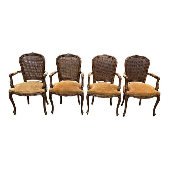 Mid 20Th Century French Provincial Style Cane & Suede Dining Chairs