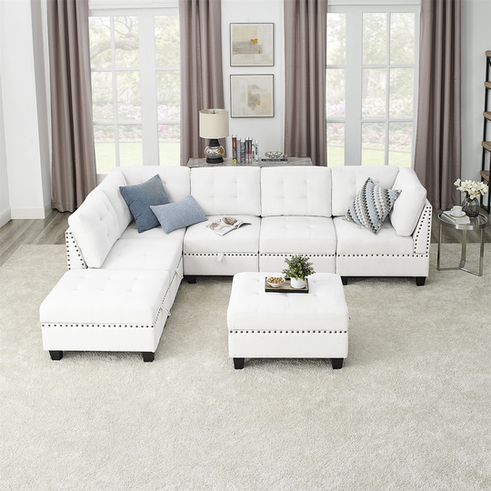 Ivory Chenille L Shape DIY Modular Sectional Sofa