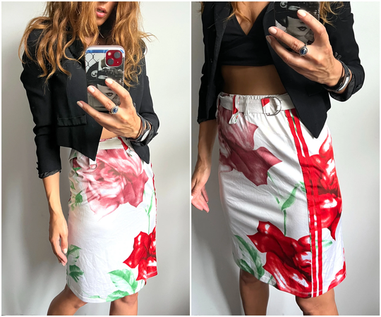 90S Sporty Tight Skirt/White Floral Pencil Sport Red Stripes Sports - S