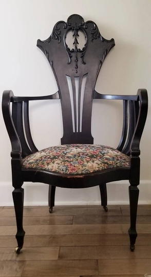 1910S Parlor Chair Antique. Lots Of Detail Intricate Carving, Tapestry Seat, Antique Wheeled Feet