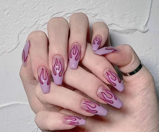Hot Pink Flame Press On Nails, Stick False Fake Nails