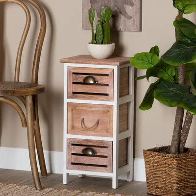 Madson Modern And Contemporary Two-Tone White And Oak Brown Finished Wood 3-Drawer Storage Unit