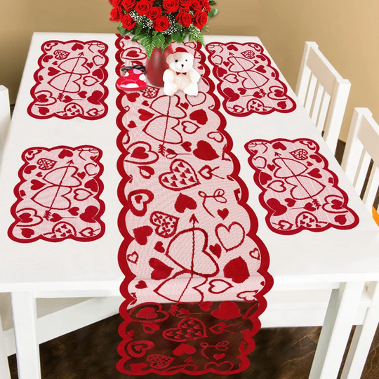 Valentine's Day Table Runner & Placemats - Red, Valentines Decorations Dinner Party Supplies Set Of 5 | | 13 X 72 Inch